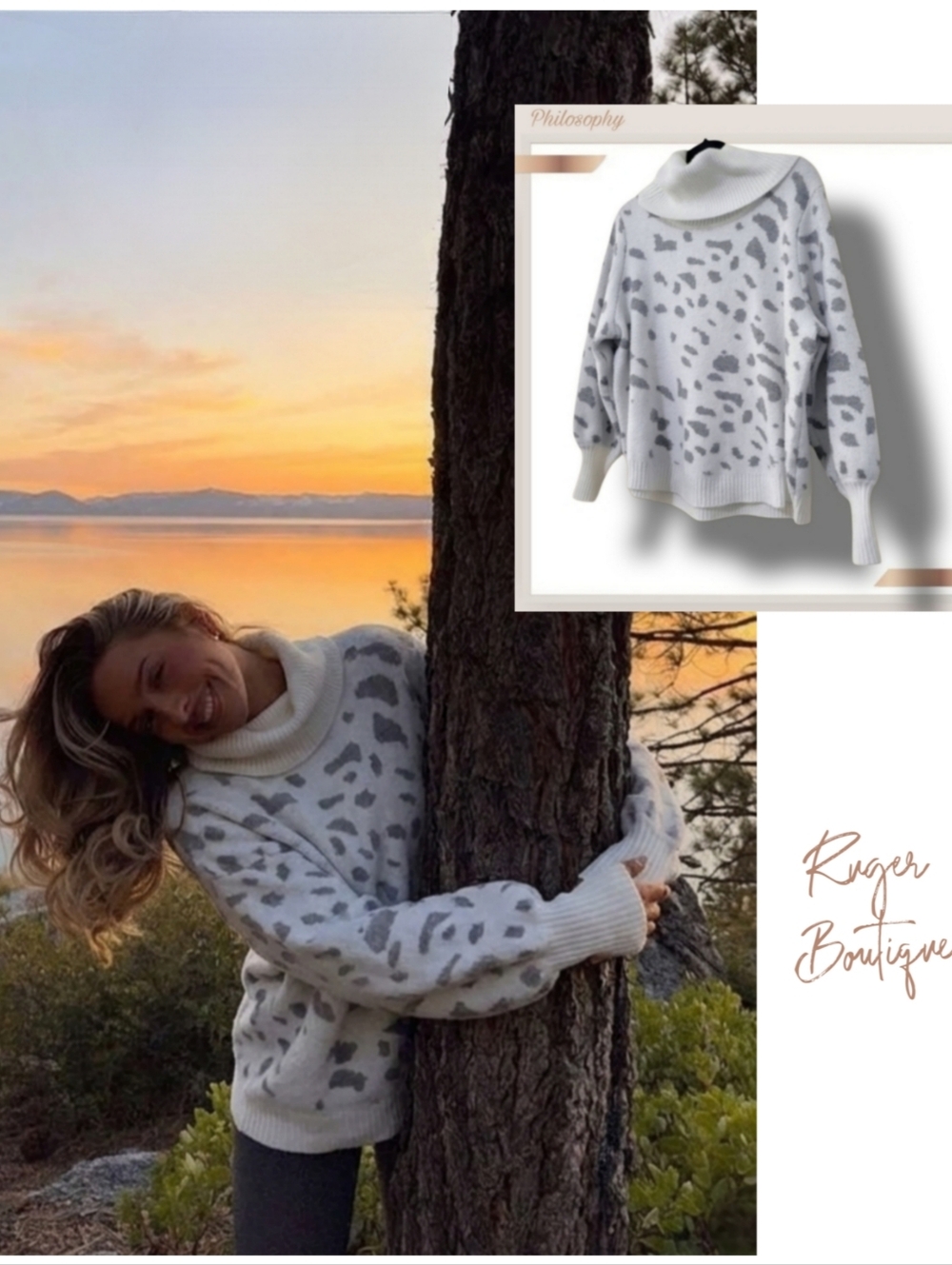 🌿Philosophy Women's Off White & Gray Animal Print Cowl Neck Sweater